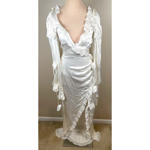 FOR LOVE & LEMONS Kendall Long Sleeve Rosette Ruffle Hem Bridal Maxi Gown Sz M - Picture 4 of 12